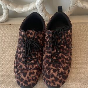 Leopard Print Lace-Up Sneakers - Brown and Black